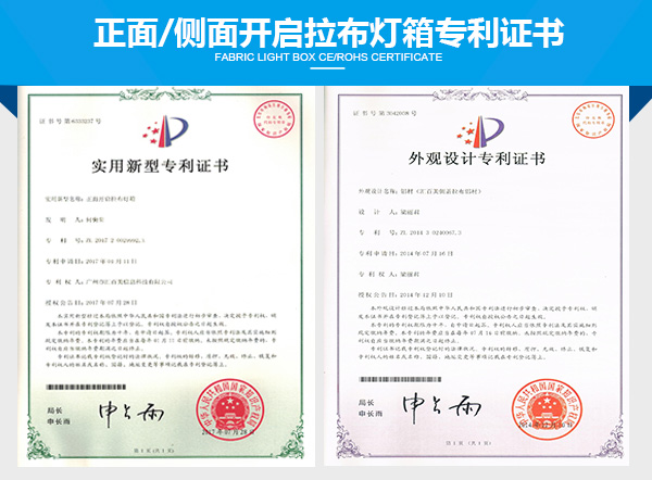 正面開啟/側(cè)面開啟拉布燈箱專利證書